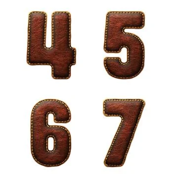 Set of numbers 4, 5, 6, 7 made of leather. 3D render font with skin texture Stock Illustration