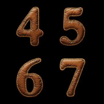 Set of numbers 4, 5, 6, 7 made of leather. 3D render font with skin texture Stock Illustration