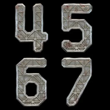 Set of numbers 4, 5, 6, 7 made of industrial metal on black background 3d Stock Illustration