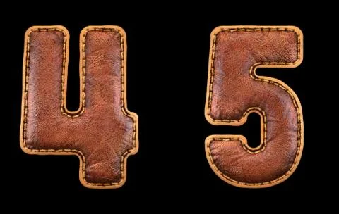 Set of numbers 4, 5 made of leather. 3D render font with skin texture isolated Stock Illustration