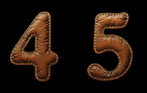 Set of numbers 4, 5 made of leather. 3D render font with skin texture isolated Stock Illustration
