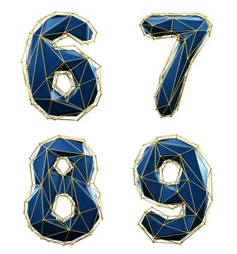 Set of numbers 6, 7, 8, 9 made of blue color glass. Illustrazione stock