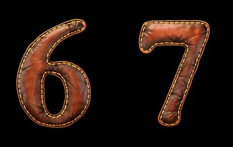 Set of numbers 6, 7 made of leather. 3D render font with skin texture isolated Stock Illustration