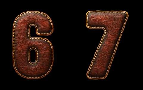 Set of numbers 6, 7 made of leather. 3D render font with skin texture isolated Stock Illustration