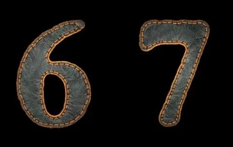 Set of numbers 6, 7 made of leather. 3D render font with skin texture isolated Stock Illustration