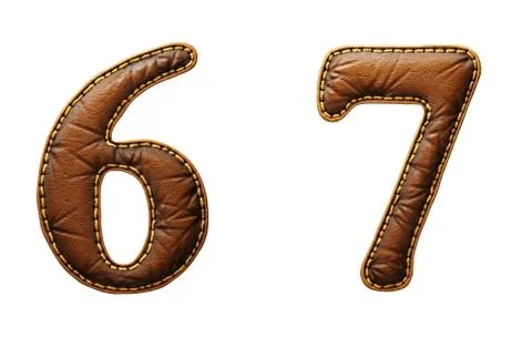 Set of numbers 6, 7 made of leather. 3D render font with skin texture isolated Stock Illustration
