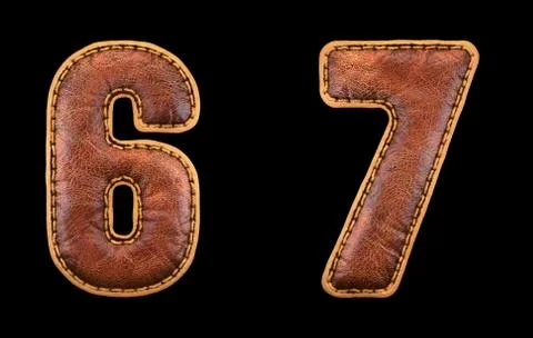 Set of numbers 6, 7 made of leather. 3D render font with skin texture isolated Stock Illustration