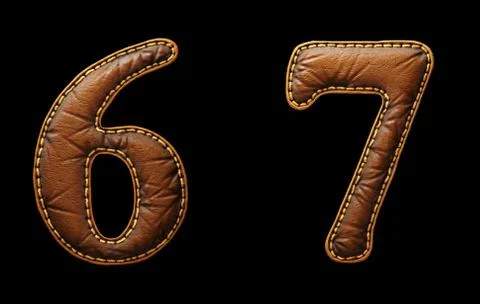Set of numbers 6, 7 made of leather. 3D render font with skin texture isolated Stock Illustration