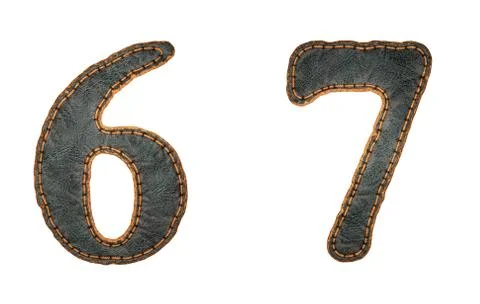 Set of numbers 6, 7 made of leather. 3D render font with skin texture isolated Stock Illustration