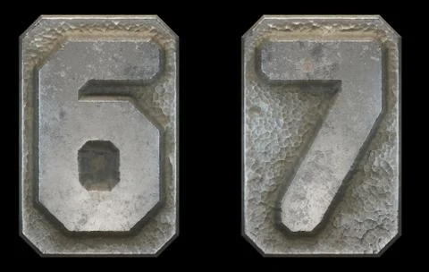 Set of numbers 6, 7 made of industrial metal on black background 3d Stock Illustration