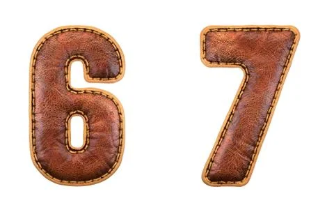 Set of numbers 6, 7 made of leather. 3D render font with skin texture isolated Stock Illustration