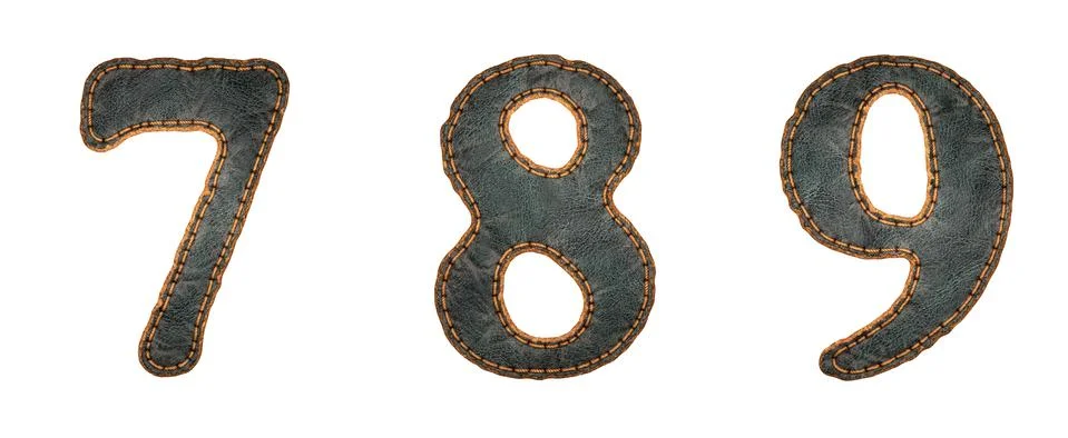 Set of numbers 7, 8, 9 made of leather. 3D render font with skin texture Illustrazione stock
