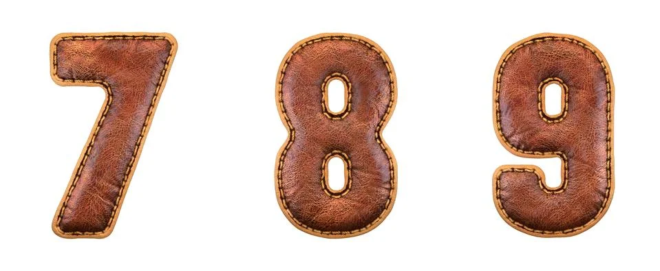 Set of numbers 7, 8, 9 made of leather. 3D render font with skin texture Stock Illustration