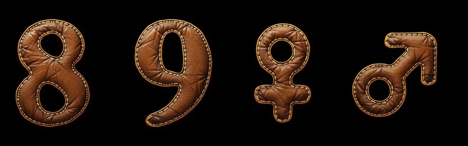 Set of numbers 8, 9 and symbols female, male made of leather. 3D render font Stock Illustration