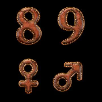 Set of numbers 8, 9 and symbols female, male made of leather. 3D render font Stock Illustration