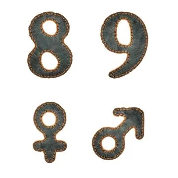 Set of numbers 8, 9 and symbols female, male made of leather. 3D render font Stock Illustration