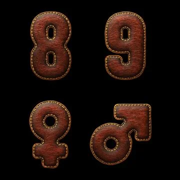 Set of numbers 8, 9 and symbols female, male made of leather. 3D render font Stock Illustration