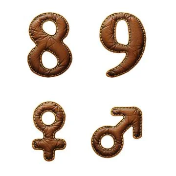 Set of numbers 8, 9 and symbols female, male made of leather. 3D render font Stock Illustration