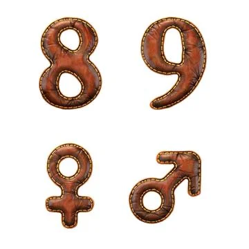 Set of numbers 8, 9 and symbols female, male made of leather. 3D render font Stock Illustration