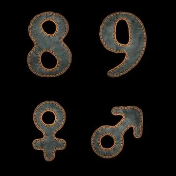Set of numbers 8, 9 and symbols female, male made of leather. 3D render font Stock Illustration