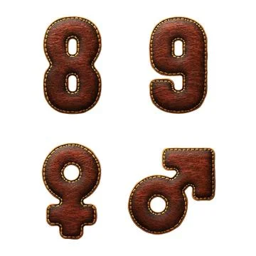 Set of numbers 8, 9 and symbols female, male made of leather. 3D render font Stock Illustration