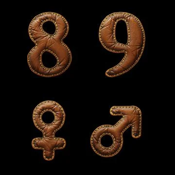 Set of numbers 8, 9 and symbols female, male made of leather. 3D render font Stock Illustration