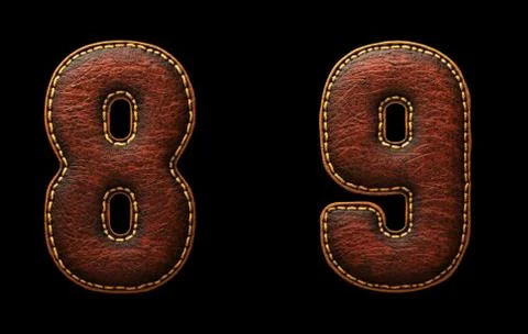 Set of numbers 8, 9 made of leather. 3D render font with skin texture isolated Stock Illustration