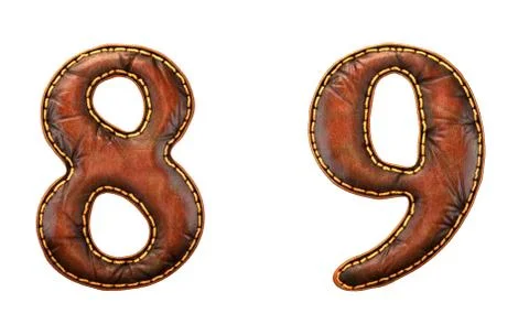 Set of numbers 8, 9 made of leather. 3D render font with skin texture isolated Stock-Illustration