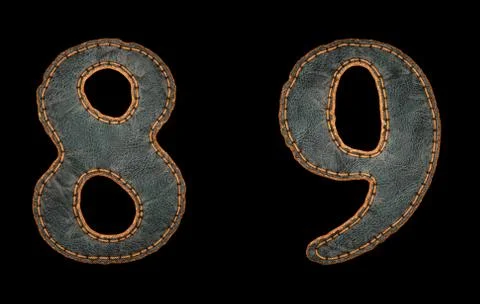 Set of numbers 8, 9 made of leather. 3D render font with skin texture isolated Stock Illustration