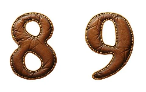 Set of numbers 8, 9 made of leather. 3D render font with skin texture isolated Stock Illustration