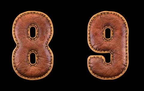 Set of numbers 8, 9 made of leather. 3D render font with skin texture isolated Stock Illustration