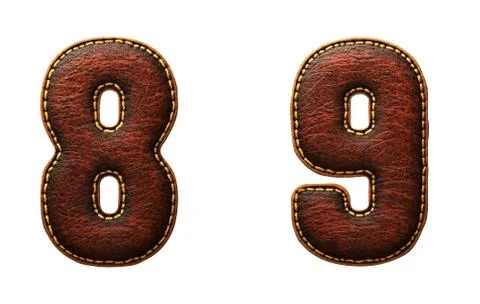 Set of numbers 8, 9 made of leather. 3D render font with skin texture isolated Stock Illustration