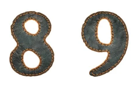 Set of numbers 8, 9 made of leather. 3D render font with skin texture isolated Stock Illustration