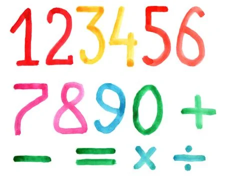 Set of numbers and arithmetic signs, watercolors Stock Illustration