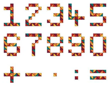 Set of numbers and math symbols in geometric style made of colorful triangles Stock Illustration