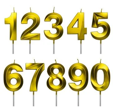Set of numbers from one to zero shaped golden metallic birthday candles iso.. Stock Photos