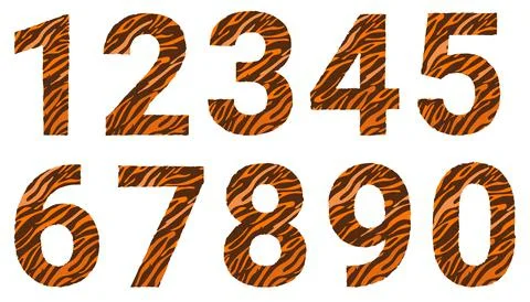 A set of numbers with a tiger pattern. Decorative striped numbers from 0 to 9 Illustrazione stock