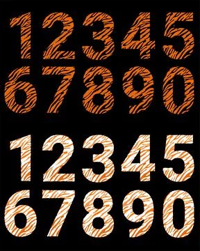 Set of numbers with a tiger pattern. Decorative striped numbers from 0 to 9 on b Stock Illustration