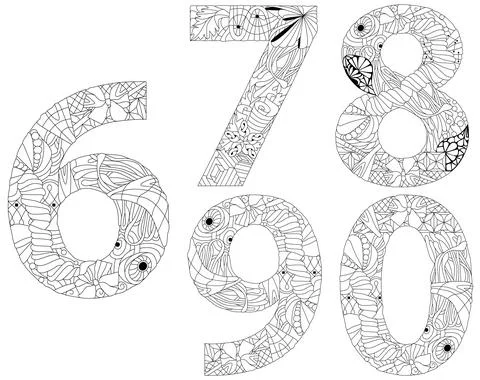 Set of numbers zero, six, seven, eight, nine for coloring. Zentangle. Vector Иллюстрация