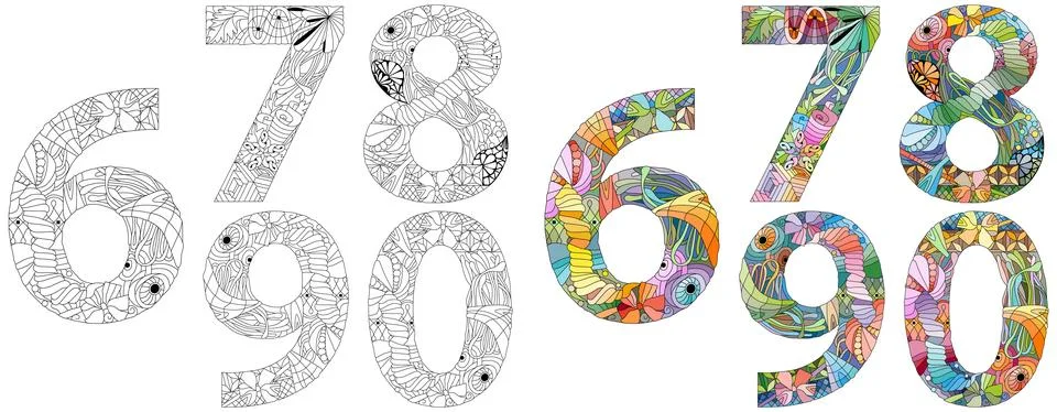 Set of numbers zero, six, seven, eight, nine for coloring. Zentangle. Vecto.. Illustrazione stock