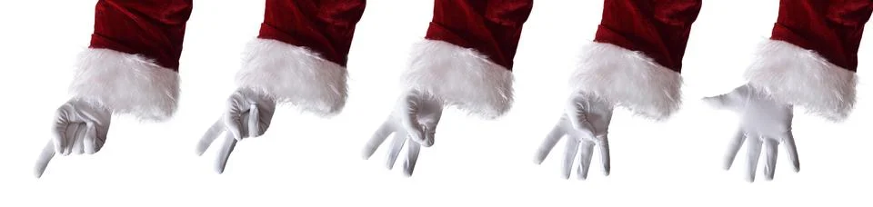 Set numerical gestures with hands of traditionally dressed Santa Claus Stock Photos