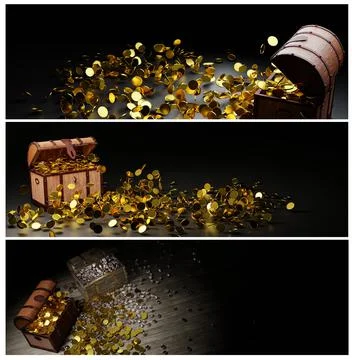 Set of Numerous gold coins spilled out from the treasure chest. Old-style woo Stock Illustration