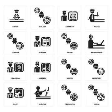 Set of Nurse, Firefighter, Pilot, Waiter, Policeman, Sailor, Courier, Librari Illustrazione stock gratuita