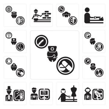 Set of Nurse, Spaceman, Dressmaker, Programmer, Magician, Plumber, Miner, Pai Free Stock Illustration