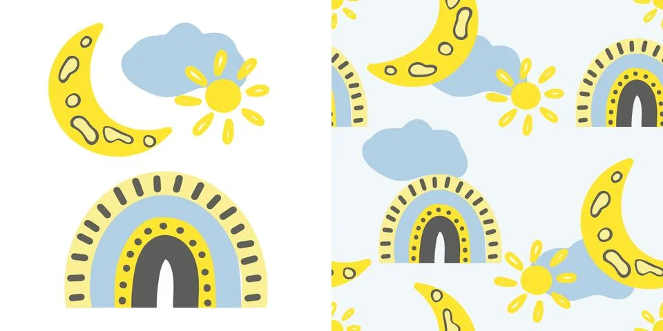 Set of nursery decor elements on cartoon style for stickers, prints, posters Illustrazione stock