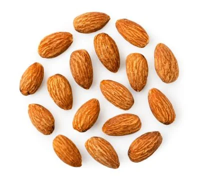 Set of nuts almonds closeup on a white. The form of the top. Stock Photos