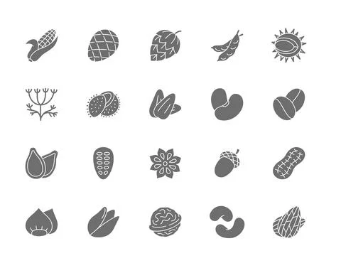 Set of Nuts, Seeds and Vegetables Grey Icons. Pack of 48x48 Pixel Icons Stock Illustration