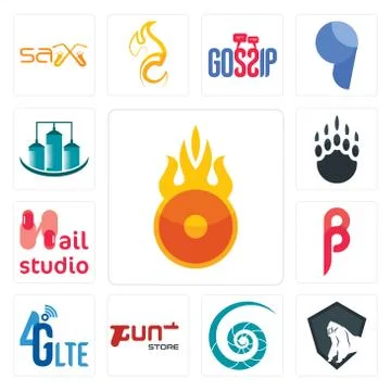 Set of o fire, king kong, nautilus shell, gun store, 4g lte, , nail studio, g Free Stock Illustration