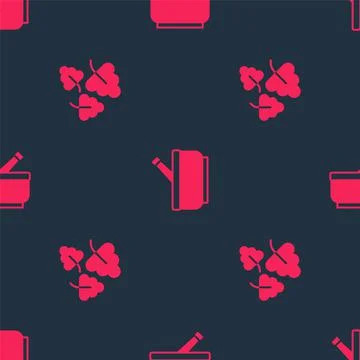 Set Oak leaf and Mortar and pestle on seamless pattern. Vector Illustrazione stock