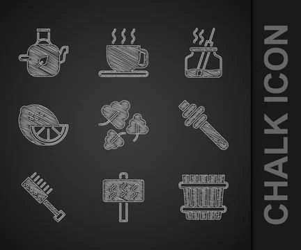Set Oak leaf, Sauna, bucket, Honey dipper stick, brush, Lemon, Aroma diffuser イラスト素材